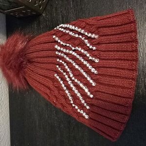 Red Knit Beanie with Rhinestone Accents